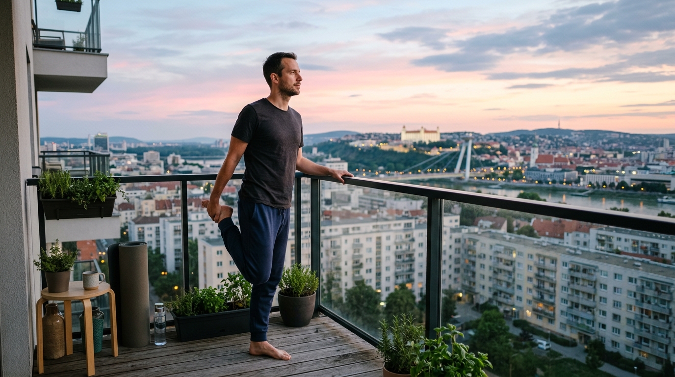Muž robí ranné cvičenie na balkóne s výhľadom na mesto